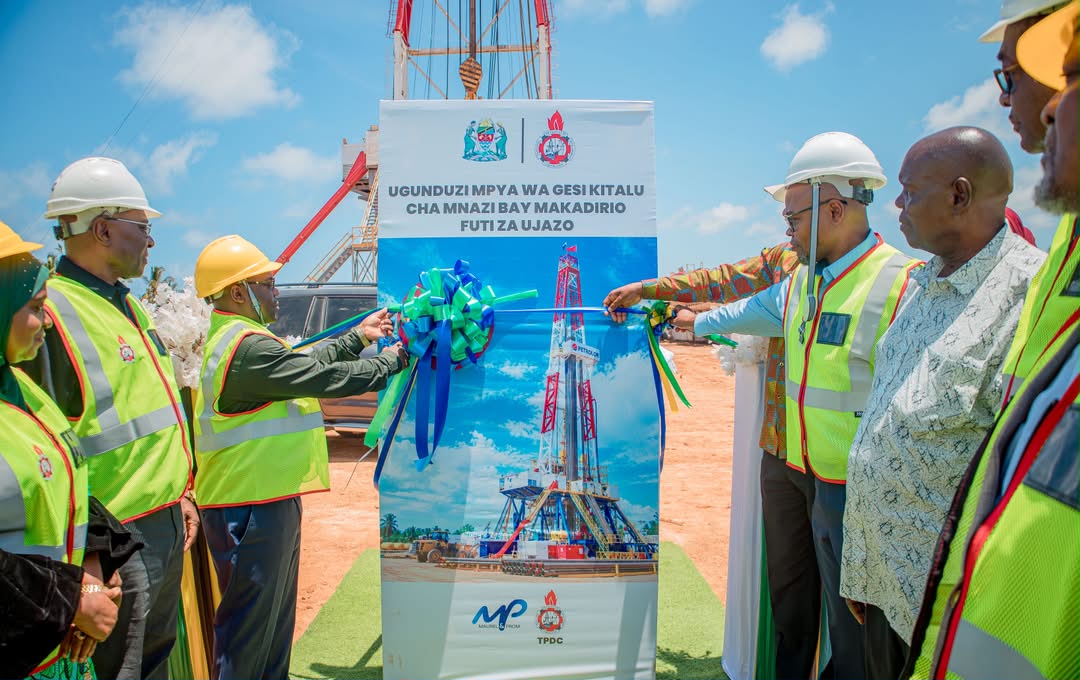 Officials applaud beside a banner announcing the Mnazi Bay natural gas discovery in Mtwara, Tanzania.