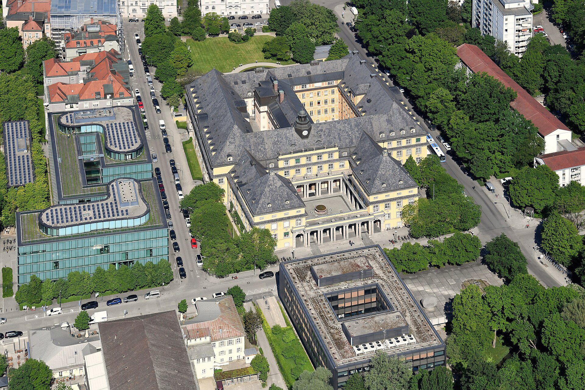 Aerial view of Munich Re headquarters in Munich, Germany, photographed by Carsten Steger on 19 May 2022