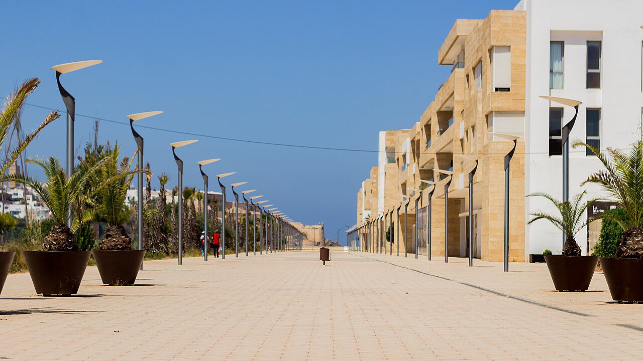 Waterfront apartments and boats at Bouregreg Marina in Rabat, photographed in August 2019