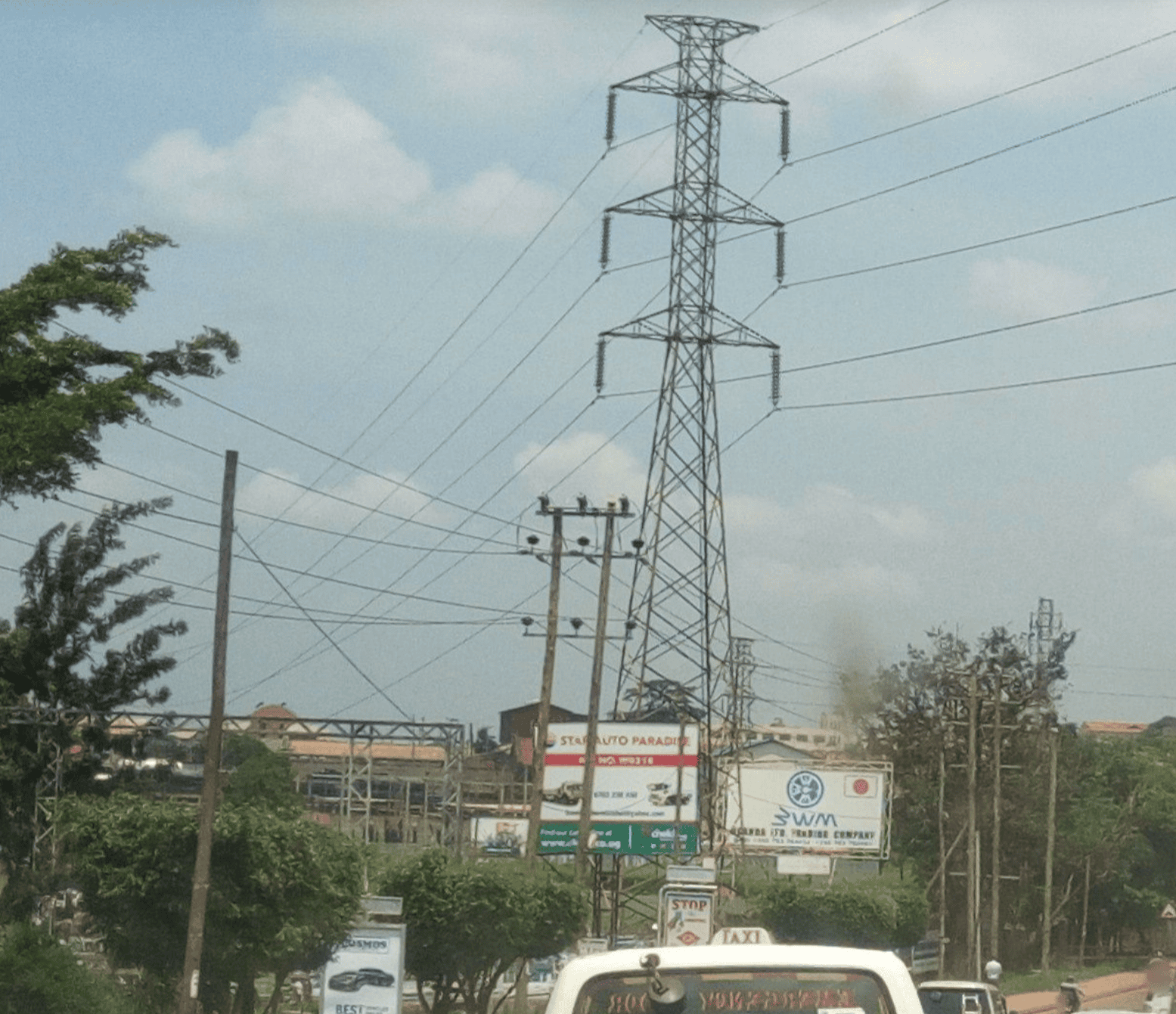 Electricity pylons in Uganda, photographed in April 2017; illustrative existing infrastructure