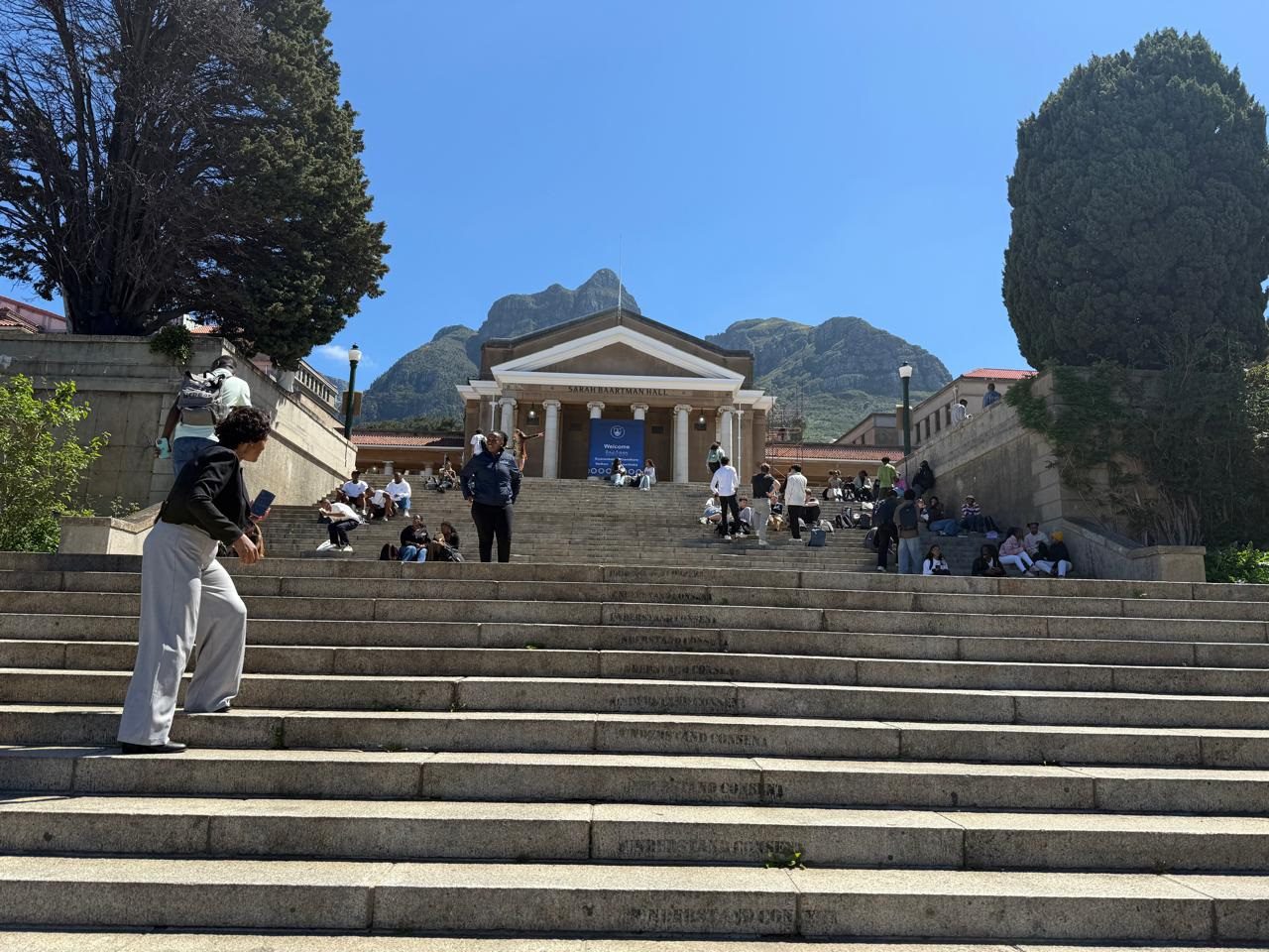 Students on the steps outside Sarah Baartman Hall at the University of Cape Town on 8 October 2025